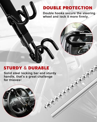 Tevlaphee Steering Wheel Lock Anti-Theft Car Device Heavy Duty Security Car Lock Antitheft Locking Devices Great Deterrent Adjustable Car Wheel Lock Anti Theft for Vehicle Truck with 3 Keys(Black)