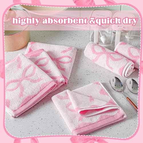 Coume 6 Pcs Pink Bow Washcloths 100% Cotton Wash Cloths 13" x 13" Coquette Small Face Towels Absorbent Soft Preppy Wash Cloths & Hand Bath Towels for Bathroom, Spa, Kitchen Drying Cleaning