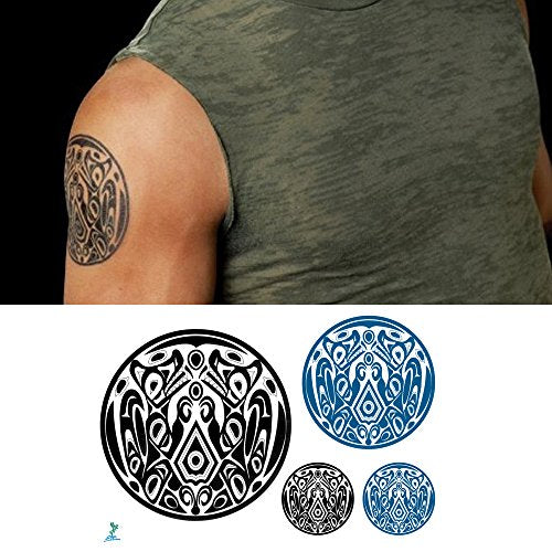 Temporary Tattoos Wolf Pack for Men Waterproof America Traditional Geometric Shapes Small Long Lasting Black Green (2 Sheets)