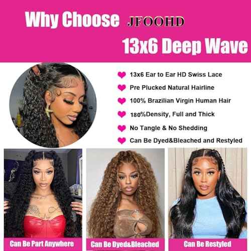 13x6 Deep Wave Wigs Human Hair Deep Wave Lace Front Wigs Human Hair 200% Density HD Lace Frontal Wigs for Balck Women Pre Plucked Glueless Deep Curly Wig Natural Black (32 Inch)