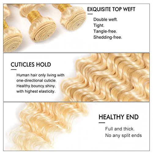 613 Blonde Deep Wave Human Hair Bundles - 3 Pack, 14-18 Inch