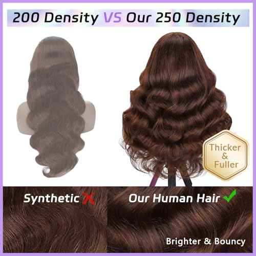 250 Density Body Wave Chocolate Brown Wig, 13x6 Lace Front Wigs Human Hair Pre Plucked, 100% Real Human Hair 4# Brown Wig for Women 26 Inch