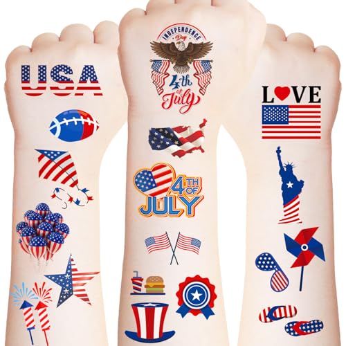4th of July Tattoos Temporary for Kids Adults 20 Sheets 158PCS Fourth of July Party Favors Patriotic Stickers Independence Day Accessories American Flag Red White and Blue Decorations Party Supplies