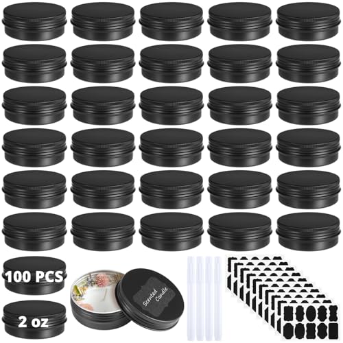 Lnrueg 100PCS Metal Round Tins, 2 oz Black Aluminum Tin Cans Containers with Screw Lid for Lotion Bars, Balms, Salve, Spices or Beard Balm, DIY Candle Making Jar