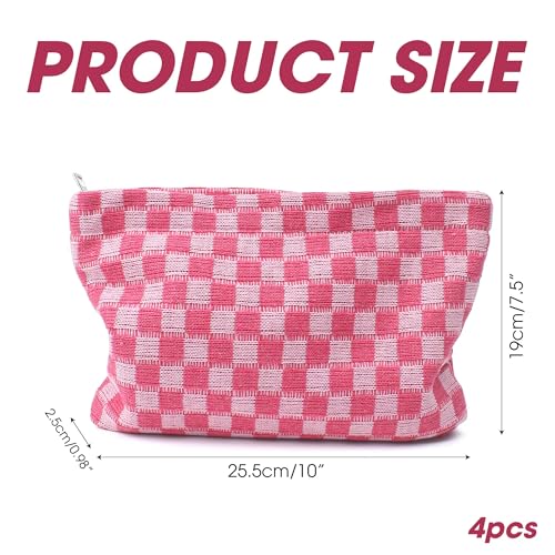 4Pcs Pink Checkered Makeup Bags Large Capacity Storage