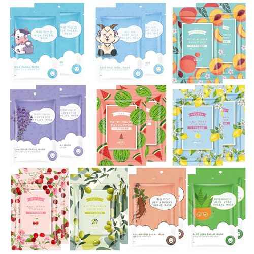 20 Sheets Face Masks Skincare,Hydrating Face Masks Suitable for All Skin Types,Facial Masks for Women Skin Care, Soothe and Moisture Face Sheet Masks for Spa