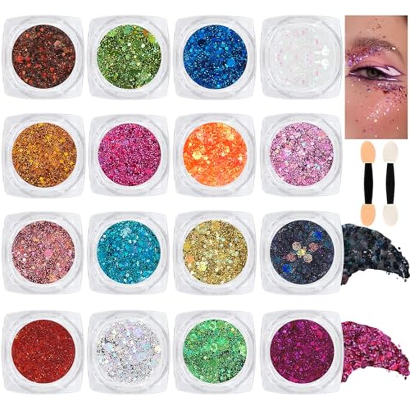16 Colors Chunky Fine Mixed Holographic Glitter Gel Set for Face and Body Makeup Festival Party Sparkle Glitter Gel Decoration Rave Accessories