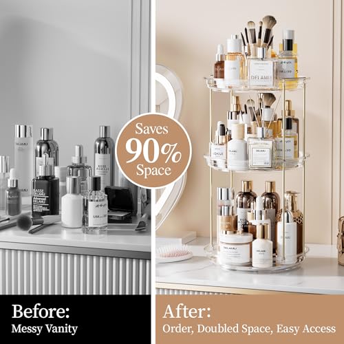 Delamu 360° Rotating Makeup Organizer 3-Tier Clear Vanity Organizer (3 Tier, 9.3")