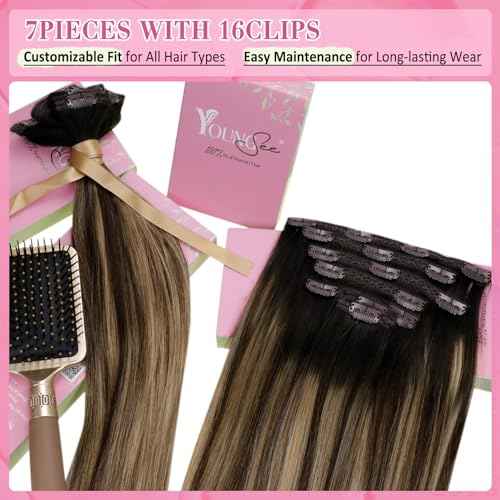 YoungSee Balayage Hair Extensions Clip ins Ombre Black to Brown with Caramel Blonde Clip in Extensions Real Human Hair Ombre Hair Clip on Hair Extensions for Women 20Inch 120G 7Pcs