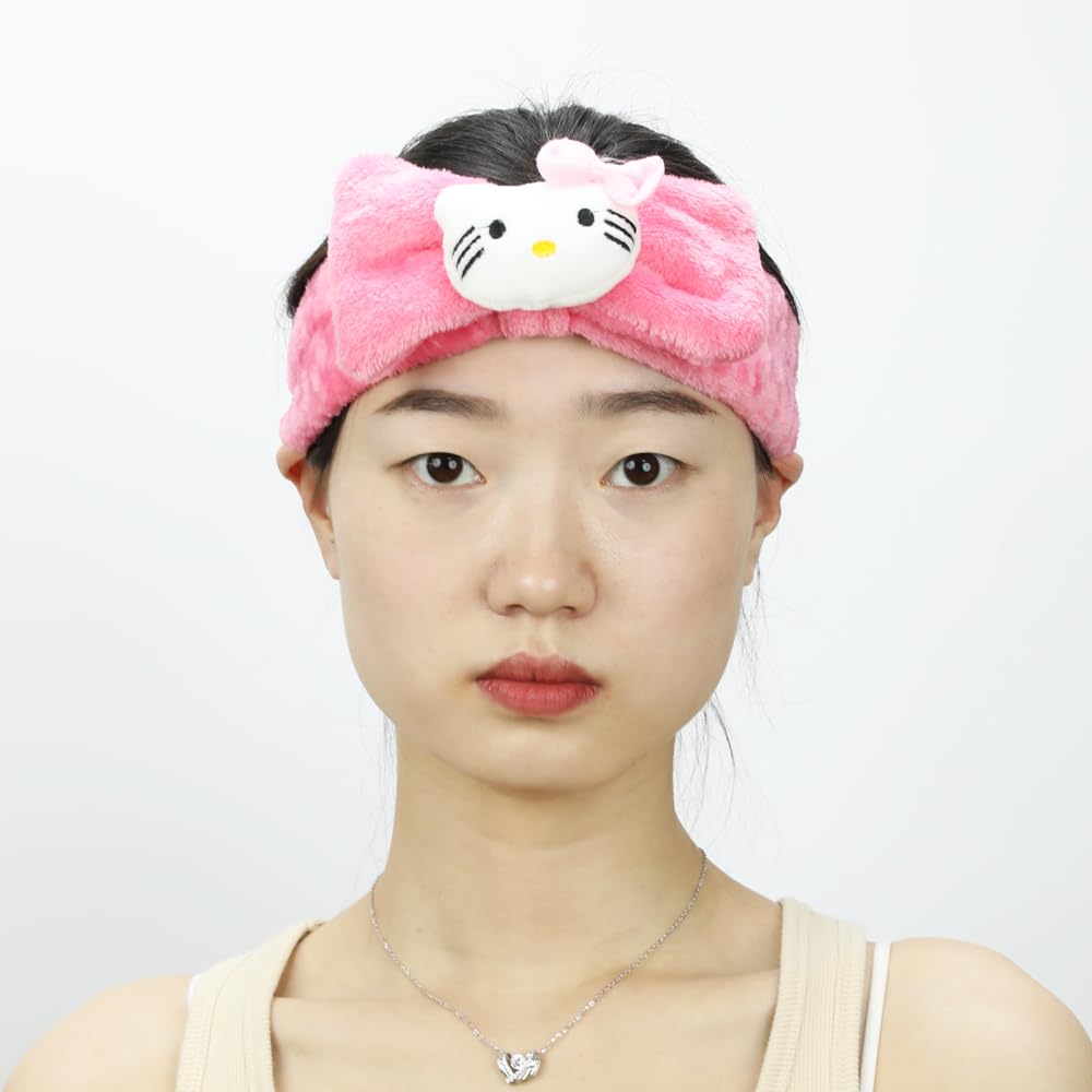 PERFECTSIGHT Kawaii Headband for Washing Face Cute Soft Coral Skincare Makeup Headband SPA Headbands for Pajama Parties Makeup and Face Washing Suitable for Girls Women, Kitty+Purin