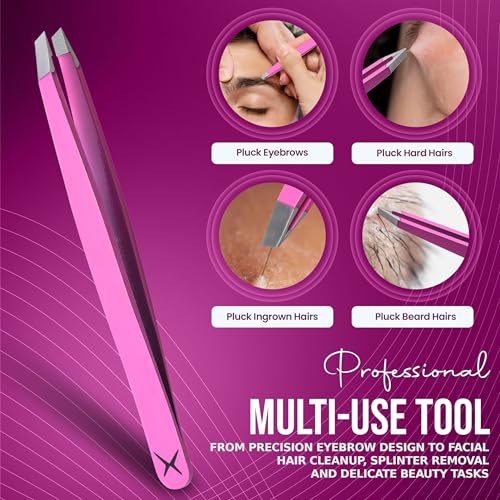 Slanted Stainless Steel Tweezers for Men & Women - Precision Eyebrow Tweezers for Facial Hairs, Strong Grip, Fine Tip, Professional Tweezer for Plucking & Grooming (Pink)