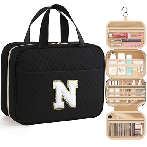 HOTOR Travel Toiletry Bag - Personalized Chenille Initial Makeup Bag, Water-Resistant Personalized Gifts for Women, Portable Travel Accessories & Essentials, Letter N, Black, 11.4"¡¿9.0"¡¿3.35"