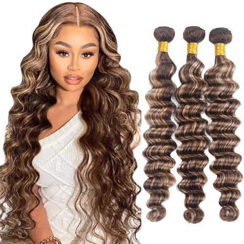 Fridnae P4613 Deep Wave Human Hair Bundles - Ombre Brown & Blonde, 30-34 Inch