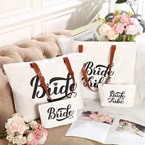 Hillban 14 Pcs Bridesmaid Canvas Bride Tote Bag and Makeup Bag Large Wedding Bachelorette Gifts Bridal Shower Gifts(Classic Style)