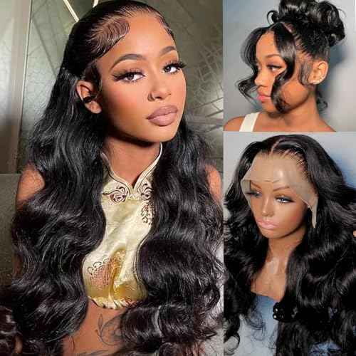 Body Wave 13x6 Lace Front Wigs Human Hair for Women Bleached Knots HD Lace Frontal Wigs Pre Plucked with Baby Hair 18Inch #1B Natural Black 150% Density Transparent Lace Front Curly Virgin Hair Wigs