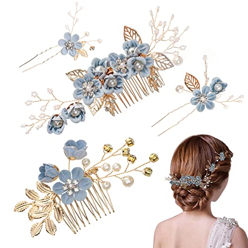 UHOMENY 4PCS Wedding Hair Pins, Bridal Pearl Hair Side Combs Set Floral Leaf Head Piece Hairdecor Accessories Rose Gold Rhinestone Handmade Bridesmaid Hair Clip Crystal Headpiece Set for Women Girls