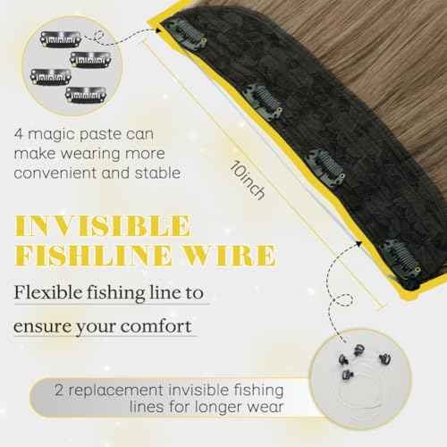 Wire Hair Extensions Fish Line Hair Extensions Ash Brown to Platinum Blonde Extensions, Invisible Hair Extensions Real Human Hair 14inch 70g Adjustable Size Hair Extensions(#8T/60-14inch)