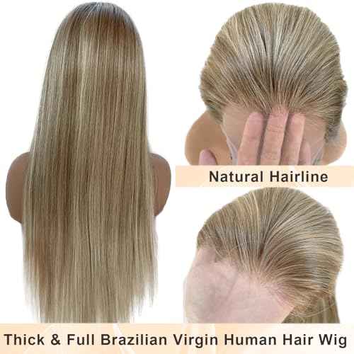 Highlight Lace Front Wig Human Hair 180% Density 13x4 HD Lace Frontal Wigs Pre Plucked with Baby Hair 24 Inch Colored Ash Brown to Beige Blonde to Platinum Blonde Brazilian Human Hair Glueless Wigs