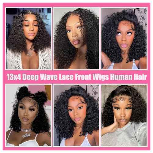 Deep Wave Bob Wig Human Hair 14 Inch 13x4 Lace Front Bob Wigs Human Hair Pre Plucked 180 Density HD Transparent Lace Front Human Hair Wigs for Black Women Natural Black
