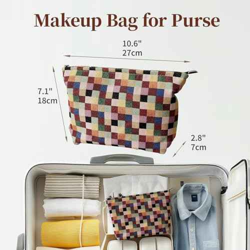 Stylish Checkered Makeup Bag for Woemn, Travel Cosmetic Car Organizer, Tartan Cosmetic Bag, Colorful Squares Zipper Canvas Pouch, Plaid Makeup Pouch for Purse, Gingham Make up Bag, Coquette Gifts