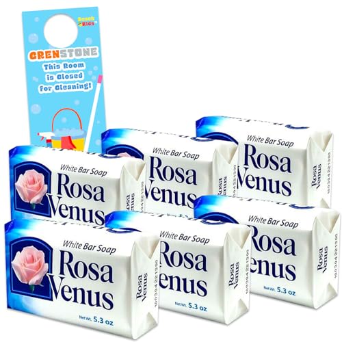 Rosa Venus White Bar Soap Bundle - 6 Pack Rosa Venus Jabon de Bano Blanco 5.3 oz Bars with Door Hanger | Gentle Foaming Bar Soap