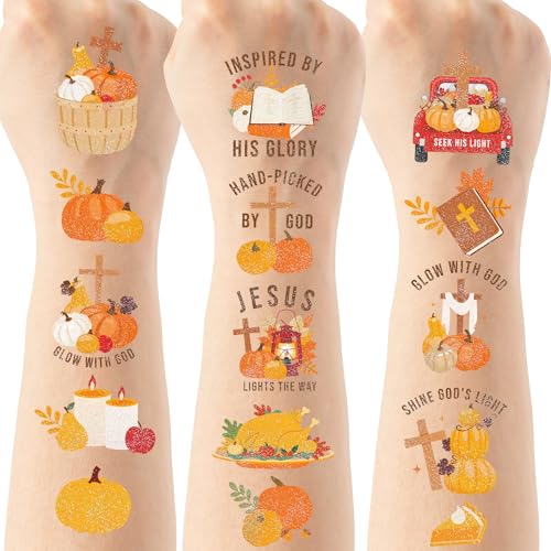 Fall Temporary Tattoos - 200+ Bible Tattoo Stickers for Birthday Party Decorations, Fall Harvest Thanksgiving Party Favors Supplies(6 Sheets)