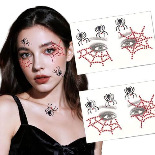 Halloween Spider Web Face Jewel Stickers - Red & Black Gem Stickers