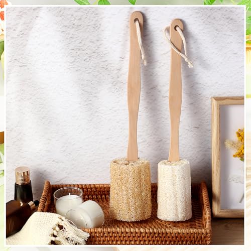 Bokon 4 Pack Natural Exfoliating Loofah Bath Back Brush Loofah Back Scrubber Long Handle for Shower Exfoliating Body Scrubber Luffa Sponge on a Stick for Men and Women, Cleans Hard to Reach Areas