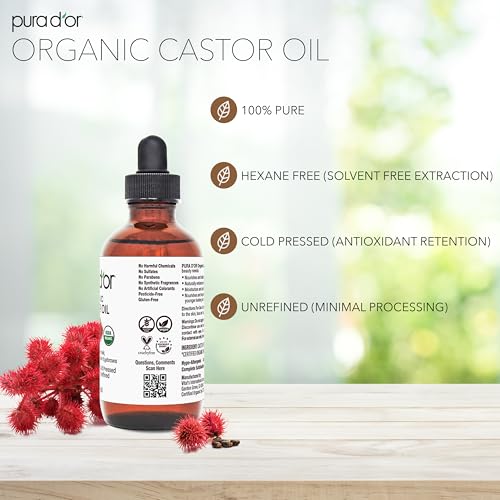 PURA D'OR 4 Oz Organic Castor Oil ? Pure Cold-Pressed, Hexane-Free, USDA Certified ? Lashes, Brows, Hair, Scalp, Skin ? Botanical Moisturizer Supporting Softness, Strength, Hydration, Shine & Radiance