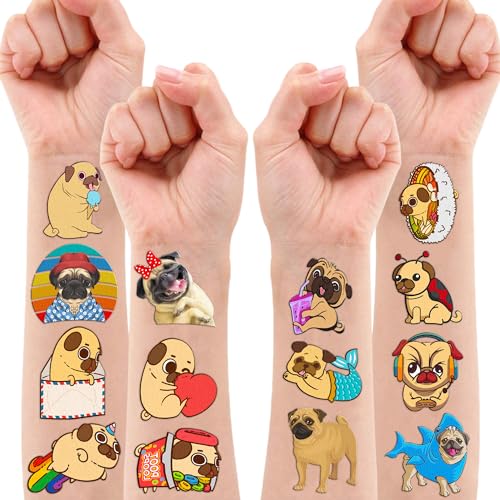 96PCS Pug Dog Temporary Tattoos Themed Pets Puppy Birthday Party Decorations Supplies Favors Decor Little Frech Bulldog Animal Tattoo Stickers Gifts For Kids Boys Girls Adults School Prizes Carnival