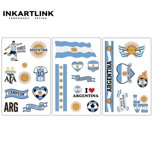 INKARTLINK 3 Sheets Argentina Flag Temporary Tattoos Waterproof & Realistic