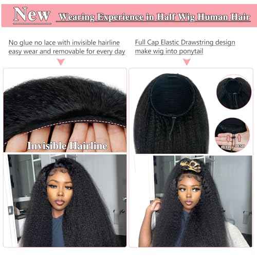 Nvnvdij Kinky Straight Half Wig Human Hair 200% Density Wear Go Glueless Wigs Human Hair 22 Inch Kinky Straight 3 In 1 Half Wigs for Women Drawstring Seamless Flip Headband Wig Beginner Friendly
