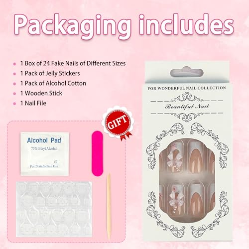 French Tip Press on Nails Medium Square Fake Nails Pink False Nails with Rhinestone Bling 3D Flower Designs Acrylic Nails Full Cover Reusable Stick on Nails Glossy for Women 24pcs