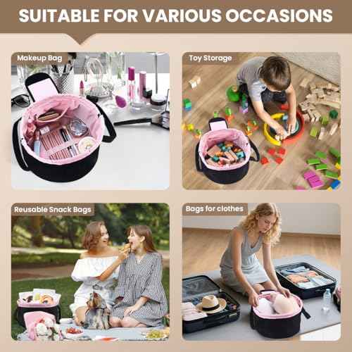 Lay Flat Drawstring Makeup Bag,Travel Cosmetic Organizer for Women,Large Capacity Toiletry Bag,Portable Open-Flat Design for Skincare and Makeup Brushes (Pink)