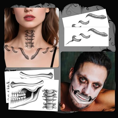 HOWAF 4 PCS Skeleton Face Tattoo, Skeleton Face Sticker, Snake Collarbone, Skull Halloween Temporary Tattoos, Day Of The Dead Face Tattoo for Halloween Costume, Day Of The Dead Costume