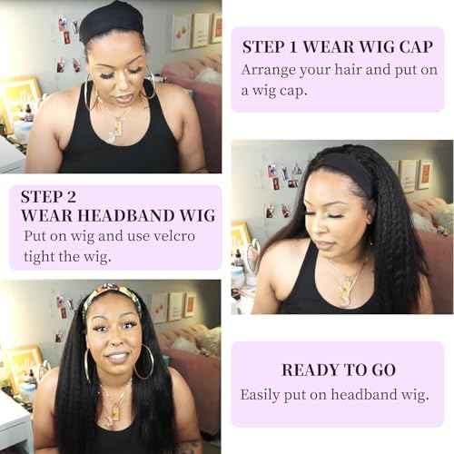 Kinky Straight Headband Wig 16 Inch Human Hair Headband Wigs for Black Women Glueless Yaki Straight Human Hair Headband Wigs Natural Black color