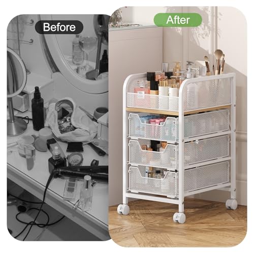 Narrow Rolling Makeup Cart Organizer with 3 Drawers - White