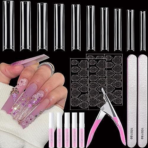 500 Pcs Square Nail Tips, AITRAI Long Nail Tips for Acrylic Nails Professional False Nails Clear Acrylic Nail Kit with Glue, Adhesive Tabs Acrylic Nail Clipper Files for Nail Art DIY