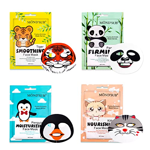 Animal Spa Mask, Character Masks Sheet- Penguin, Panda, Tiger, Cat -Nourishing Moisturizing Effects For All Skin Types- Birthday Party Gift for her, Girls Night, Spa Night, Beauty Gift (4pack)