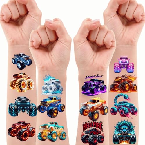 108 PCS Glow in the Dark Monster Truck Temporary Tattoos ? Waterproof Pre-Cut Body Art Stickers with Monster Trucks, Big Rigs & Off-Road Icons | Easy Application