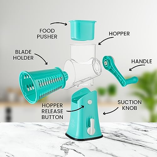 Zulay Rotary Cheese Grater 5 Blade Cheese Shredder - Manual Hand Crank Cheese Grater With Reinforced Suction & 5 Interchangeable Drums - Easy to Use Vegetable Chopper - Calm Teal