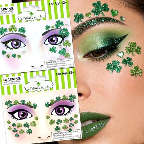 St. Patrick's Day Glitter Face Stickers - Green Shamrock Gems