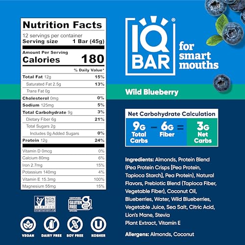 IQBAR Brain and Body Plant Protein Bars - Wild Blueberry - 12 Count, Low Carb, High Fiber, Gluten Free, Healthy Vegan Snacks - Low Sugar Keto Bar Pack