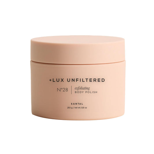 + Lux Unfiltered N°28 Exfoliating Body Polish in Santal - Exfoliating Body Scrub with Shea Butter, Passion Fruit Oil, & Vitamin E - Hydrating & Moisturizing Sugar Scrub - Vegan & Cruelty Free