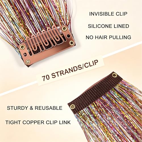 Neon Pink Clip-in Hair Tinsel 12PCS 23 Inch Heat-Resistant Glitter Hair Extension