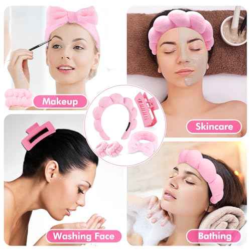 Zkptops 5Pcs Spa Headband for Washing Face Wristband Set Sponge Makeup Skincare Terry Cloth Bubble Soft Hairband Claw Clips for Thick Hair Puffy Padded Headwear Non Slip Hairs Accessory (Pink)