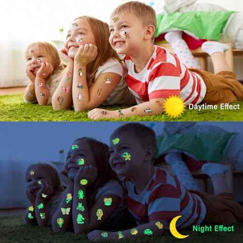 Temporary Tattoos for Kids, 36 Sheets, 350+ Mixed Luminous Styles, Glow In The Dark Tattoos Kids with Animal Alien Dinosaur Unicorn Balls Mermaid Car Space Butterfly Ocean Pirate Summer Rainbow etc