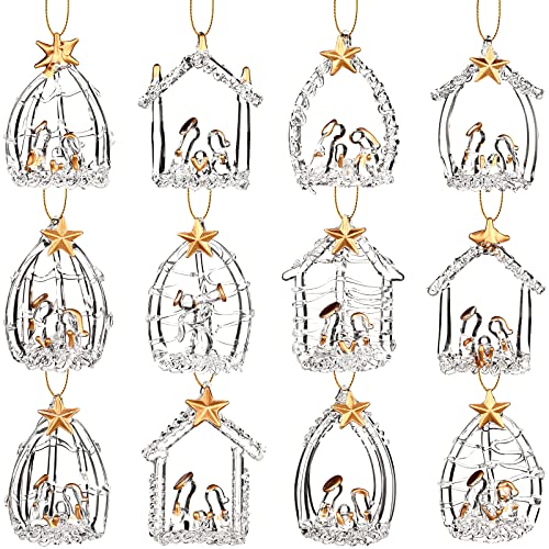 Religious Christmas Ornaments Nativity Scene Christmas Tree Ornament Christian Spun Glass Ornament Decorative Hanging Birth of Jesus Christmas Decorations for Xmas Party Family (Classic,12 Pcs)