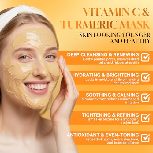 TJE Turmeric Face Mask with Vitamin C, Turmeric Vitamin C Clay Mask for Dark Spots, Dull Skin, Cleansing Pores & Blackheads, Moisturizing & Improve Uneven Skin Tone