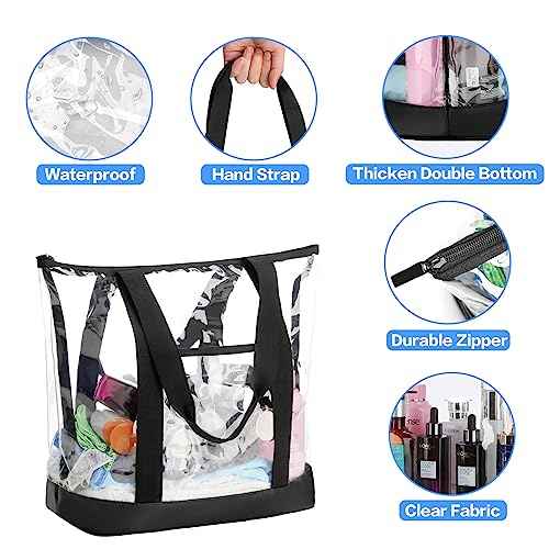 HAOGUAGUA Extra Large Clear Cosmetic Toiletry Makeup Travel Bag, Waterproof Transparent Plastic PVC Tote Shoulder Bag with Handles (BLACK)